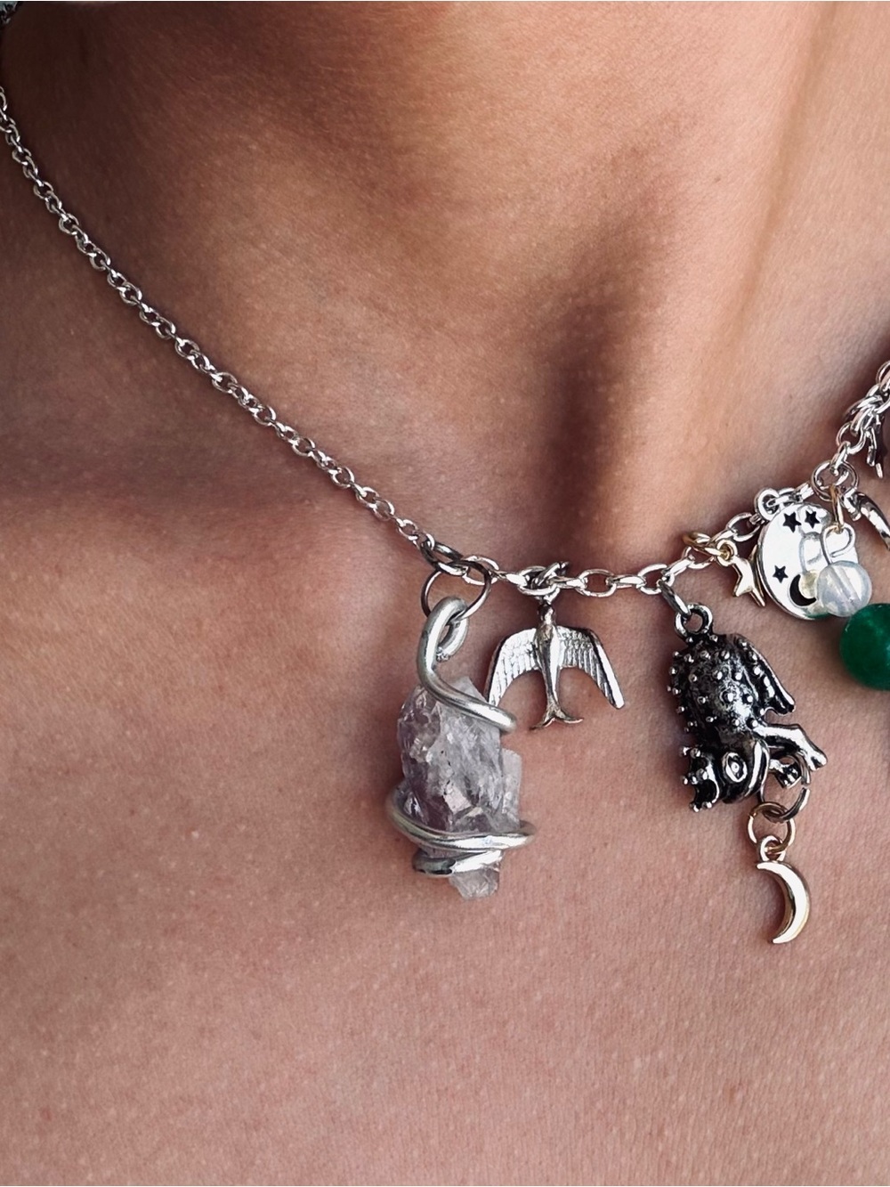 Silver Crystal Charm Necklace with Green Bead